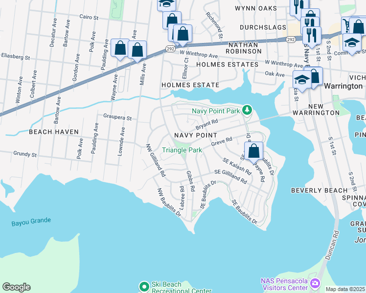map of restaurants, bars, coffee shops, grocery stores, and more near 315 West Sunset Avenue in Pensacola