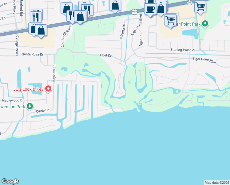 map of restaurants, bars, coffee shops, grocery stores, and more near 1075 Lionsgate Lane in Gulf Breeze