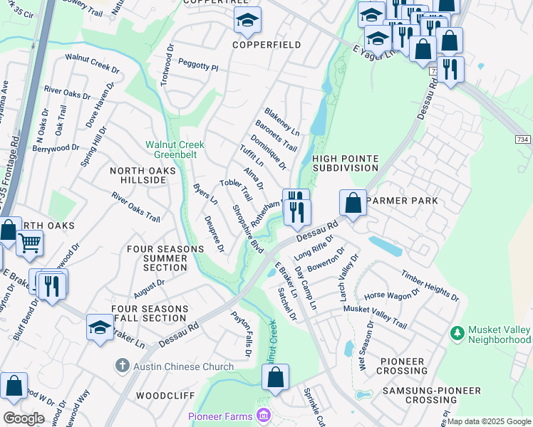 map of restaurants, bars, coffee shops, grocery stores, and more near 11901 Rotherham Drive in Austin