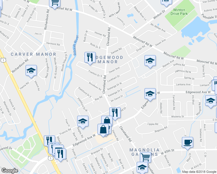 map of restaurants, bars, coffee shops, grocery stores, and more near 4263 Katanga Drive North in Jacksonville