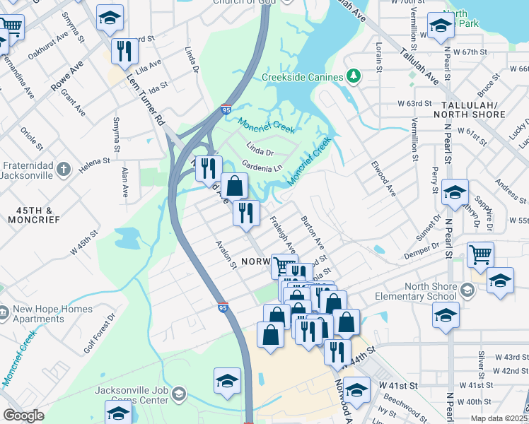 map of restaurants, bars, coffee shops, grocery stores, and more near 758 Ashford Street in Jacksonville