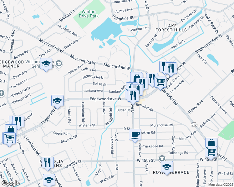 map of restaurants, bars, coffee shops, grocery stores, and more near 2434 Lantana Avenue in Jacksonville