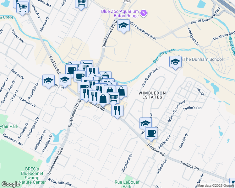 map of restaurants, bars, coffee shops, grocery stores, and more near 10111 Park Rowe Avenue in Baton Rouge