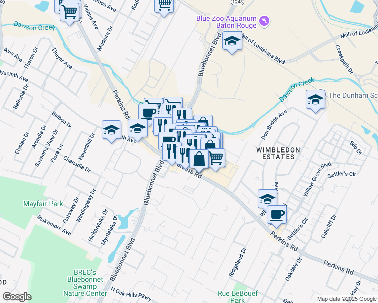 map of restaurants, bars, coffee shops, grocery stores, and more near 10000 Perkins Rowe in Baton Rouge