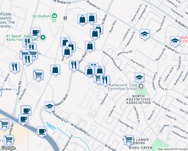 map of restaurants, bars, coffee shops, grocery stores, and more near 1934 Rutland Drive in Austin