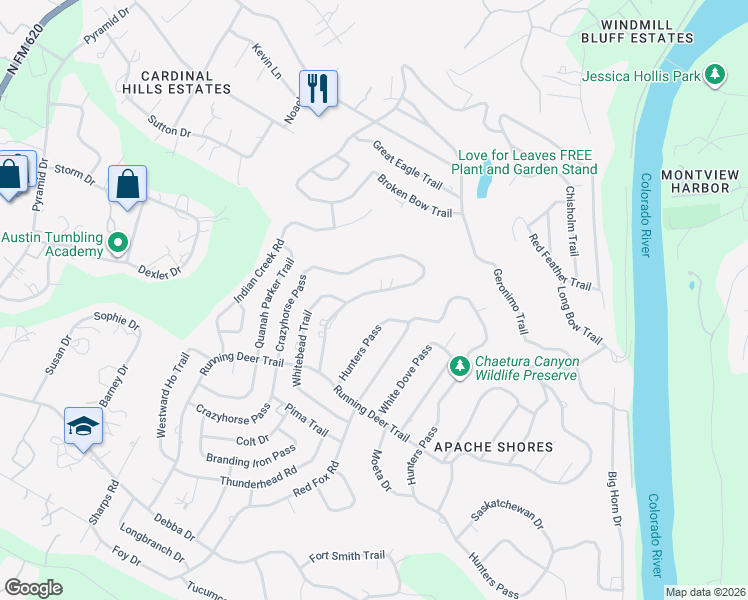 map of restaurants, bars, coffee shops, grocery stores, and more near 2640 Crazyhorse Pass in Austin