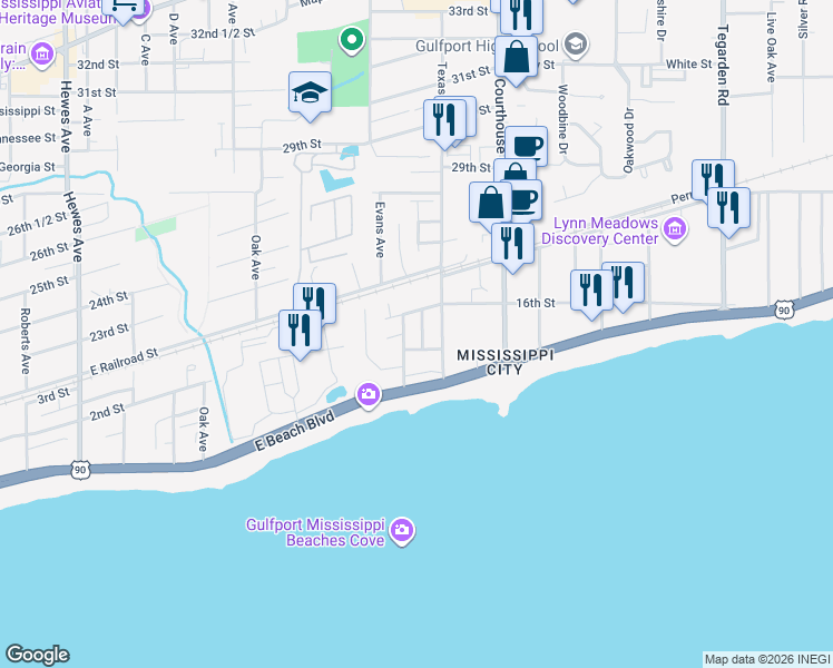map of restaurants, bars, coffee shops, grocery stores, and more near 217 Murphy Avenue in Gulfport