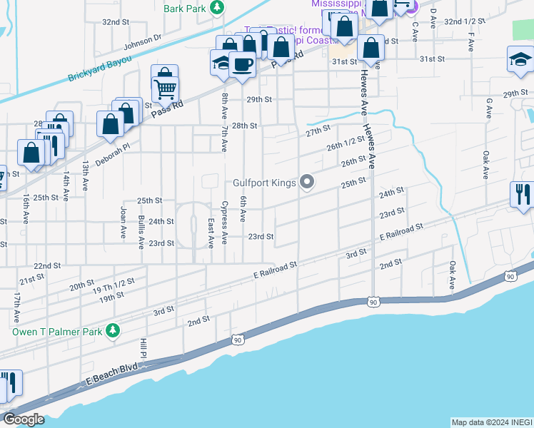 map of restaurants, bars, coffee shops, grocery stores, and more near 2428 5th Avenue in Gulfport