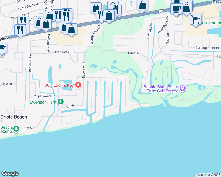 map of restaurants, bars, coffee shops, grocery stores, and more near 1152 Sunset Lane in Gulf Breeze