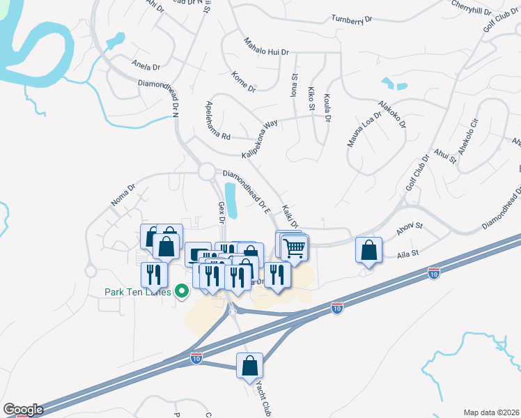 map of restaurants, bars, coffee shops, grocery stores, and more near 5424 Diamondhead Drive East in Diamondhead