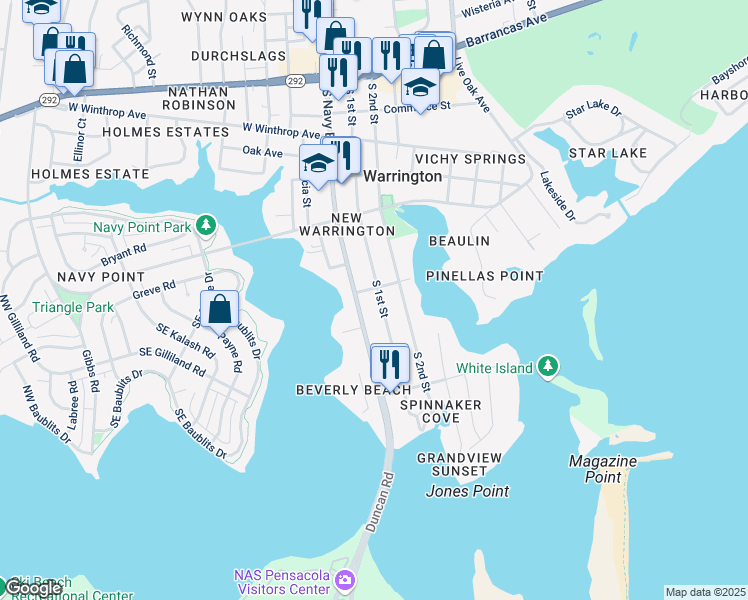 map of restaurants, bars, coffee shops, grocery stores, and more near 505 South 1st Street in Pensacola