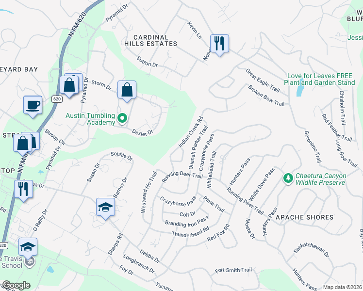 map of restaurants, bars, coffee shops, grocery stores, and more near 2123 Indian Creek Road in Austin