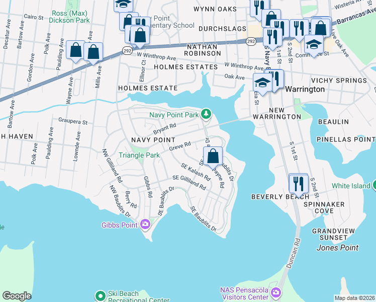 map of restaurants, bars, coffee shops, grocery stores, and more near 102 Payne Road in Pensacola
