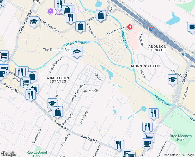 map of restaurants, bars, coffee shops, grocery stores, and more near 7415 Farm Row Avenue in Baton Rouge
