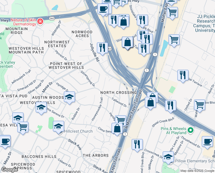 map of restaurants, bars, coffee shops, grocery stores, and more near 8808 Tallwood Drive in Austin