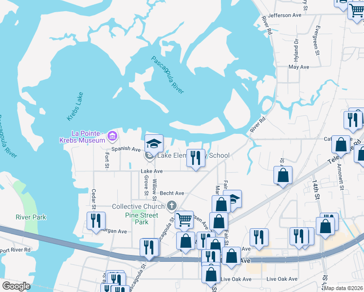 map of restaurants, bars, coffee shops, grocery stores, and more near 4710 Leo Street in Pascagoula