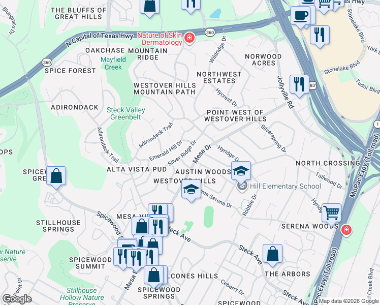 map of restaurants, bars, coffee shops, grocery stores, and more near 8605 Silver Ridge Drive in Austin