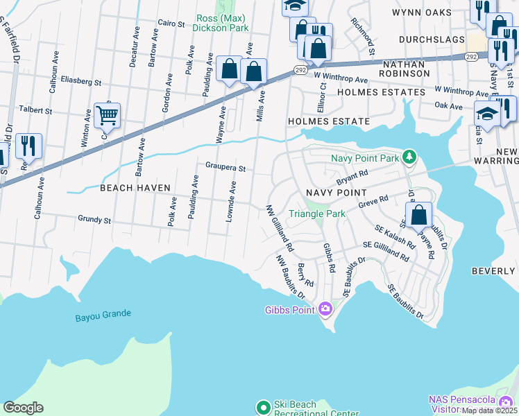 map of restaurants, bars, coffee shops, grocery stores, and more near 1248 Heinrich Street in Pensacola