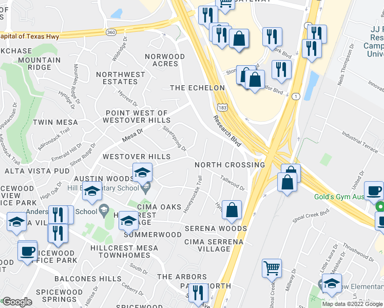 map of restaurants, bars, coffee shops, grocery stores, and more near 8724 Tallwood Drive in Austin