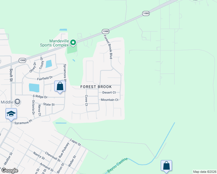 map of restaurants, bars, coffee shops, grocery stores, and more near 2830 Mesa Court in Mandeville