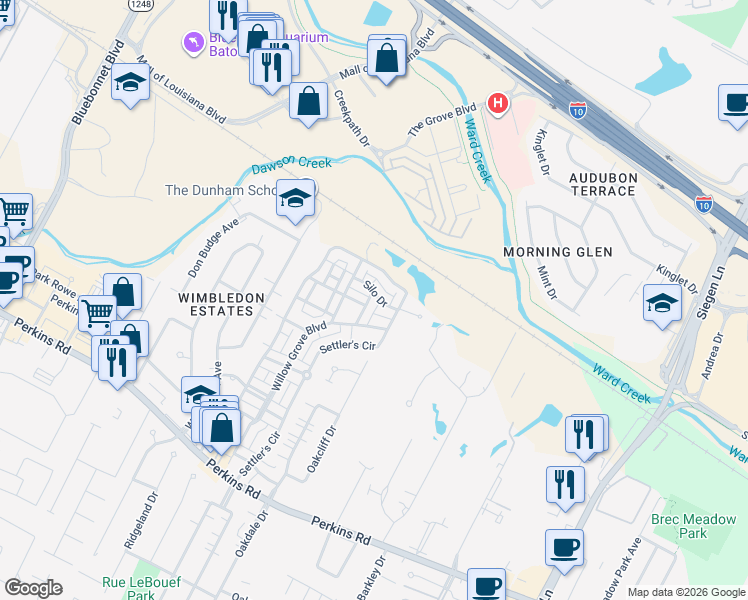 map of restaurants, bars, coffee shops, grocery stores, and more near 7415 Farm Row Avenue in Baton Rouge