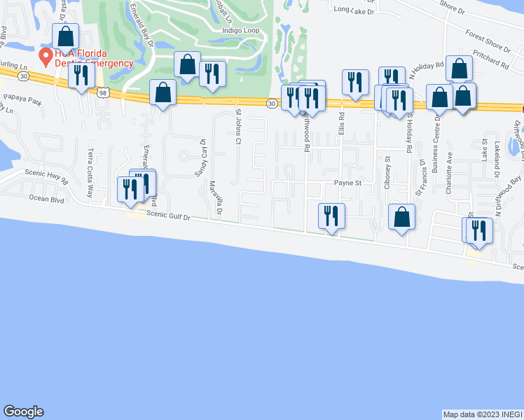 map of restaurants, bars, coffee shops, grocery stores, and more near 58 Paginet Road in Miramar Beach