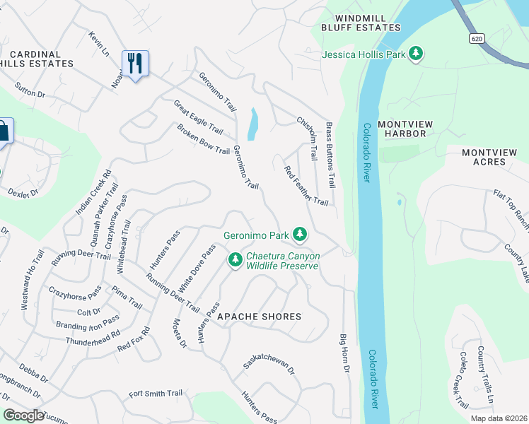 map of restaurants, bars, coffee shops, grocery stores, and more near 14310 Hunters Pass in Austin