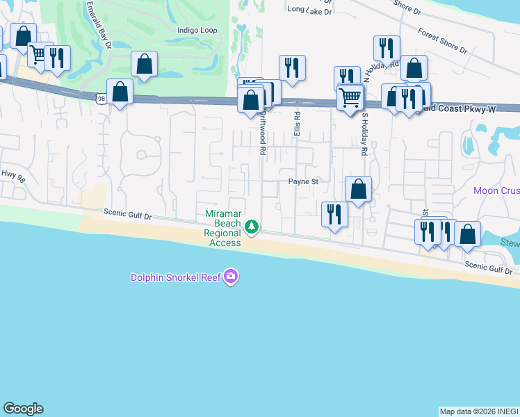 map of restaurants, bars, coffee shops, grocery stores, and more near 17 Newman Drive in Miramar Beach