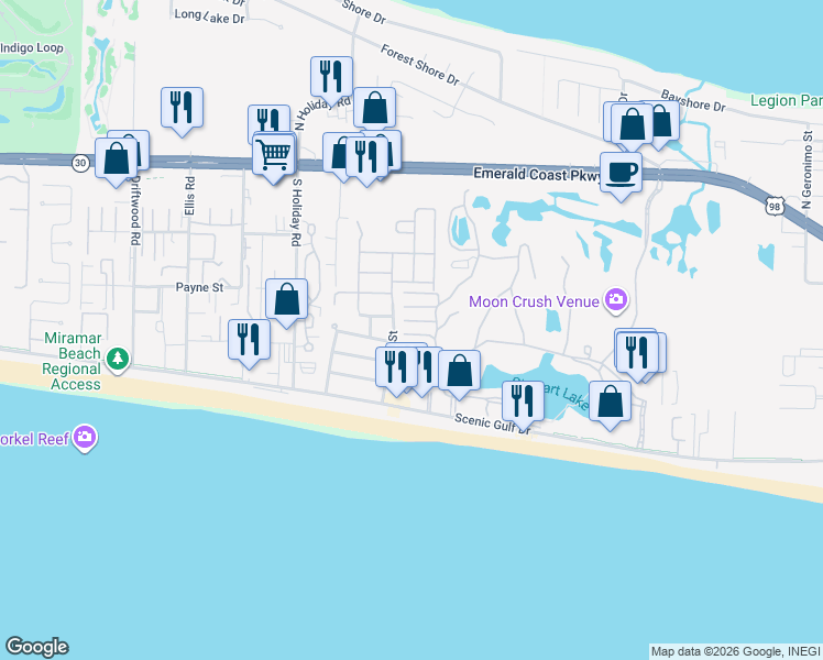 map of restaurants, bars, coffee shops, grocery stores, and more near 58 Sandcastle Cove in Miramar Beach