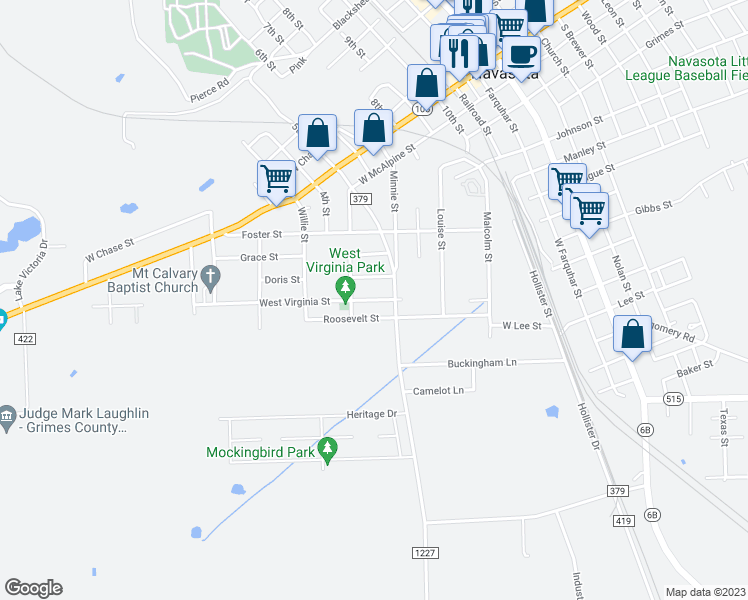 map of restaurants, bars, coffee shops, grocery stores, and more near 721 West Virginia Street in Navasota