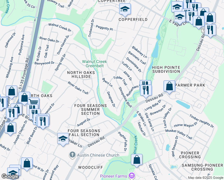 map of restaurants, bars, coffee shops, grocery stores, and more near 1309 Byers Lane in Austin