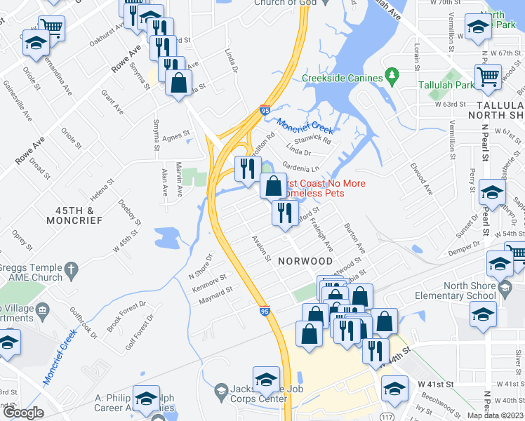 map of restaurants, bars, coffee shops, grocery stores, and more near 919 Dorchester Street in Jacksonville