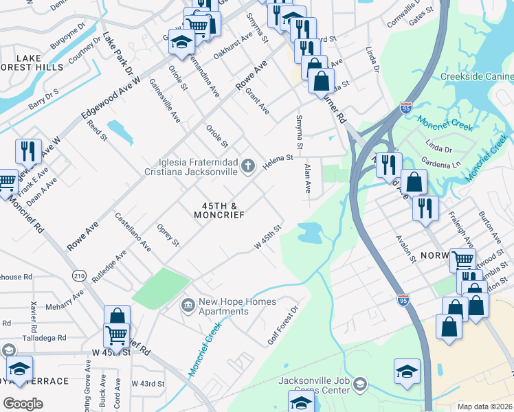 map of restaurants, bars, coffee shops, grocery stores, and more near 1602 Anderson Road in Jacksonville