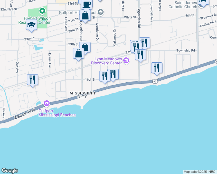 map of restaurants, bars, coffee shops, grocery stores, and more near 604 East Beach Boulevard in Gulfport