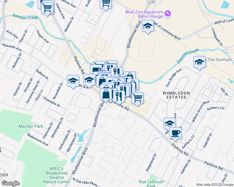 map of restaurants, bars, coffee shops, grocery stores, and more near 7707 West Market Street in Baton Rouge
