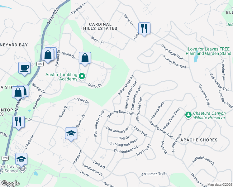 map of restaurants, bars, coffee shops, grocery stores, and more near 2123 Indian Creek Road in Austin