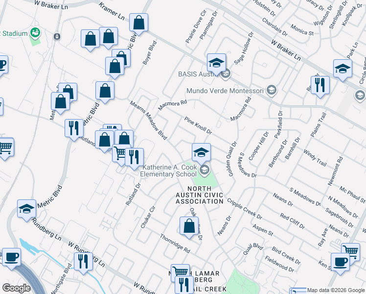 map of restaurants, bars, coffee shops, grocery stores, and more near 10301 Stubble Quail Drive in Austin