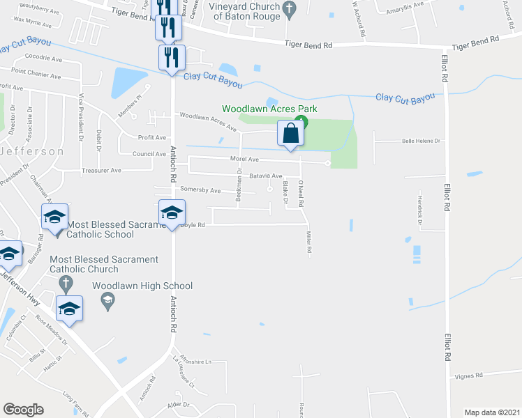 map of restaurants, bars, coffee shops, grocery stores, and more near 16438 Venetian Avenue in Baton Rouge