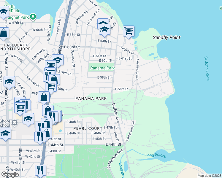 map of restaurants, bars, coffee shops, grocery stores, and more near 626 East 56th Street in Jacksonville