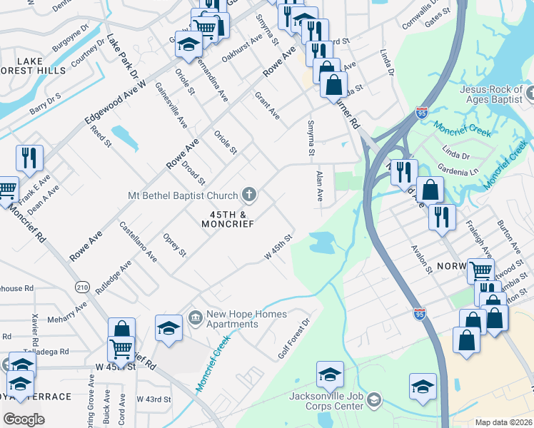 map of restaurants, bars, coffee shops, grocery stores, and more near 1602 Anderson Road in Jacksonville