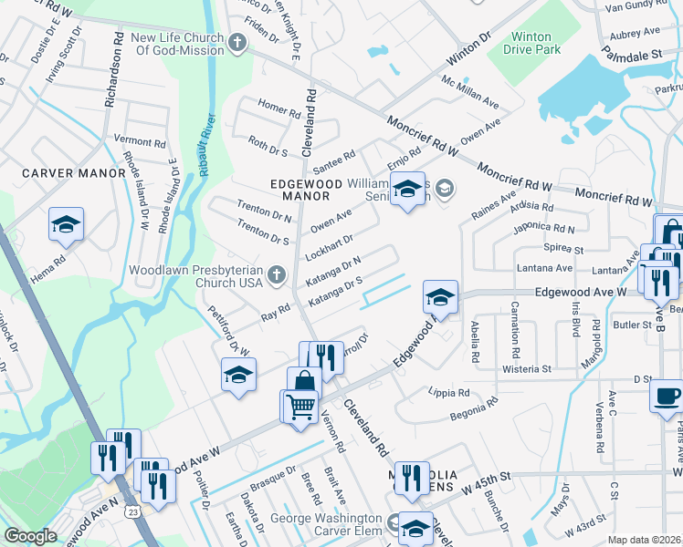 map of restaurants, bars, coffee shops, grocery stores, and more near 4204 Katanga Drive North in Jacksonville