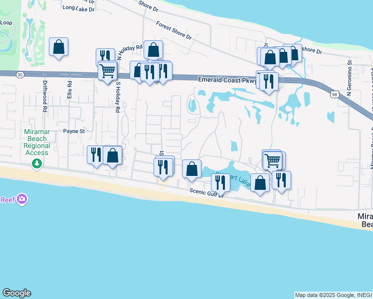 map of restaurants, bars, coffee shops, grocery stores, and more near 20 North Driftwood Bay in Miramar Beach