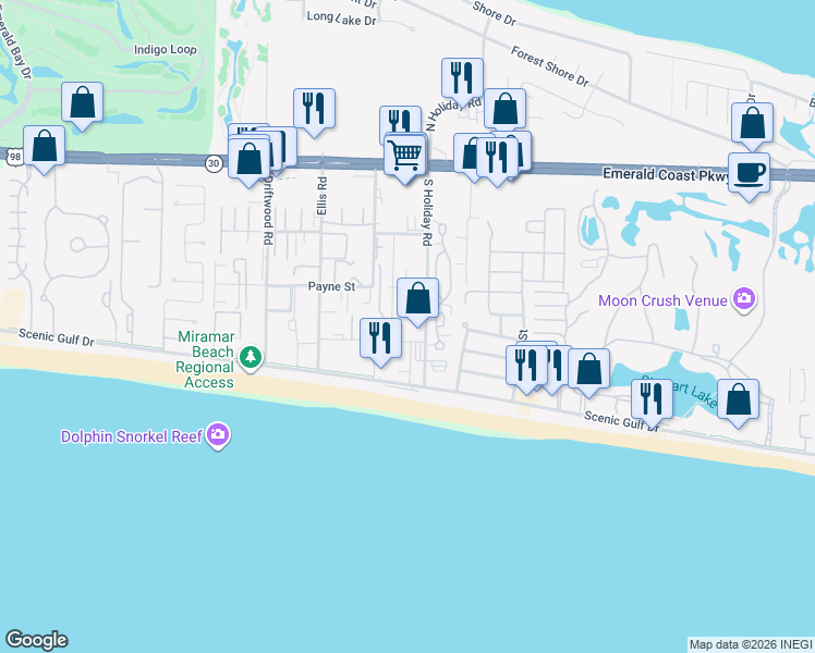 map of restaurants, bars, coffee shops, grocery stores, and more near 64 Cross Creek Road in Destin