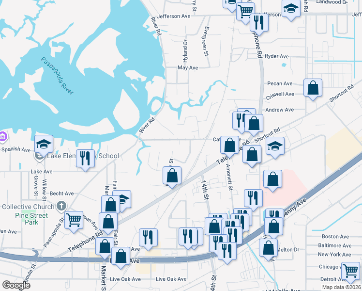 map of restaurants, bars, coffee shops, grocery stores, and more near 2216 Catalpa Avenue in Pascagoula