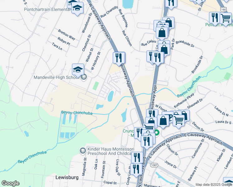 map of restaurants, bars, coffee shops, grocery stores, and more near 1200 Chinchuba Creek Boulevard in Mandeville