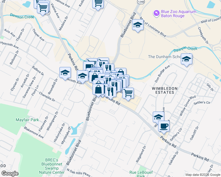 map of restaurants, bars, coffee shops, grocery stores, and more near 7707 West Market Street in Baton Rouge