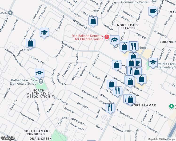 map of restaurants, bars, coffee shops, grocery stores, and more near 10705 Barnhill Drive in Austin