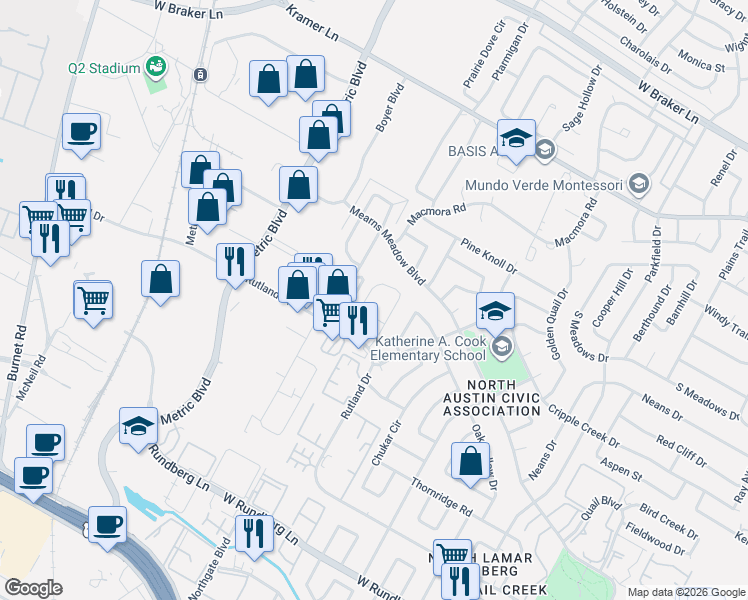 map of restaurants, bars, coffee shops, grocery stores, and more near 10219 Rutland Village West in Austin
