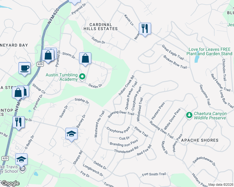 map of restaurants, bars, coffee shops, grocery stores, and more near 2123 Indian Creek Road in Austin