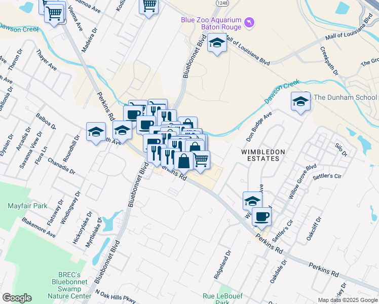 map of restaurants, bars, coffee shops, grocery stores, and more near 10111 Park Rowe Avenue in Baton Rouge